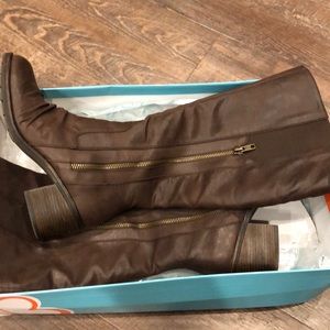 Dark brown tall boots with antique gold zipper